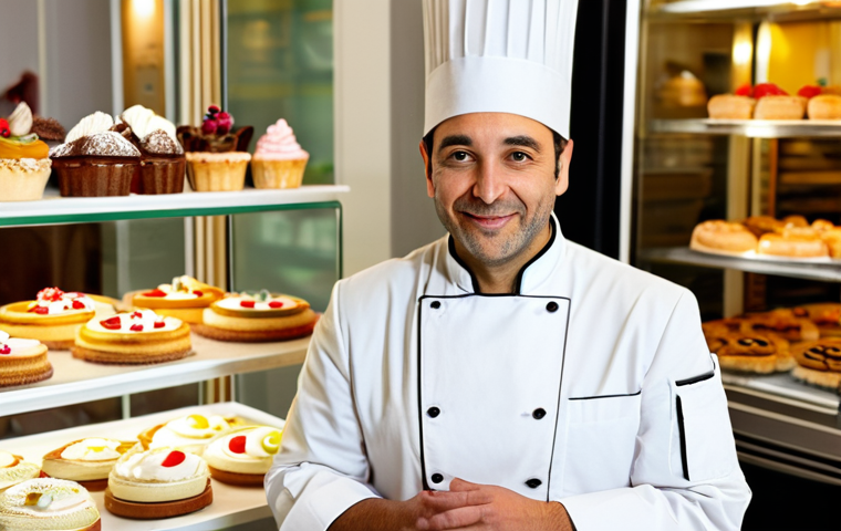 Chef Pâtissier in a Parisian Pâtisserie**
"A professional chef pâtissier, fully clothed in a crisp white chef's coat and toque, standing in a brightly lit Parisian pâtisserie. The background features an array of colorful pastries and cakes. Focus on a warm and inviting atmosphere, appropriate content, safe for work. Perfect anatomy, correct proportions, natural pose, well-formed hands, proper finger count, natural body proportions, professional photography, high quality, modest attire."
**