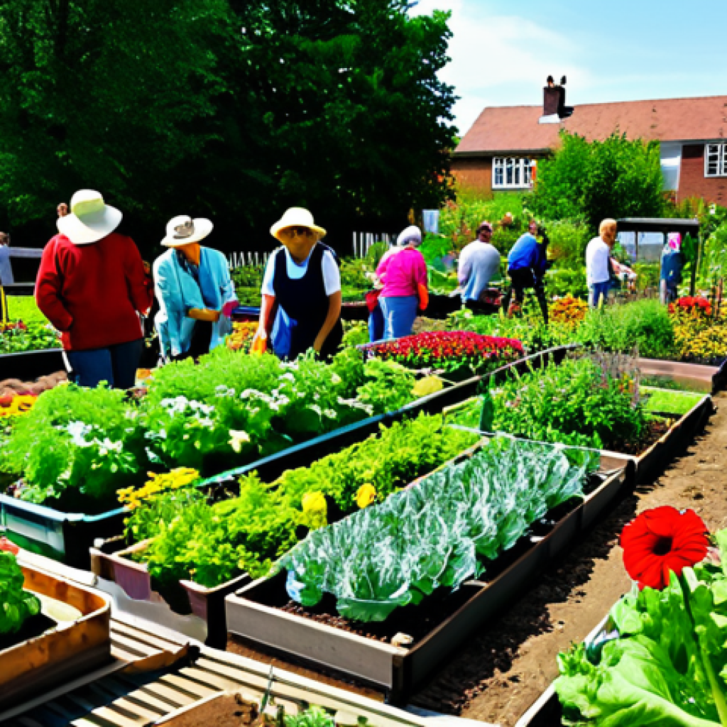 Thriving Community Garden**

A vibrant community garden overflowing with flowers and vegetables, people tending to plants, fully clothed, appropriate attire, safe for work, perfect anatomy, natural proportions, professional photography, bright and cheerful atmosphere, embodying the spirit of collaboration and shared growth, professional.

**