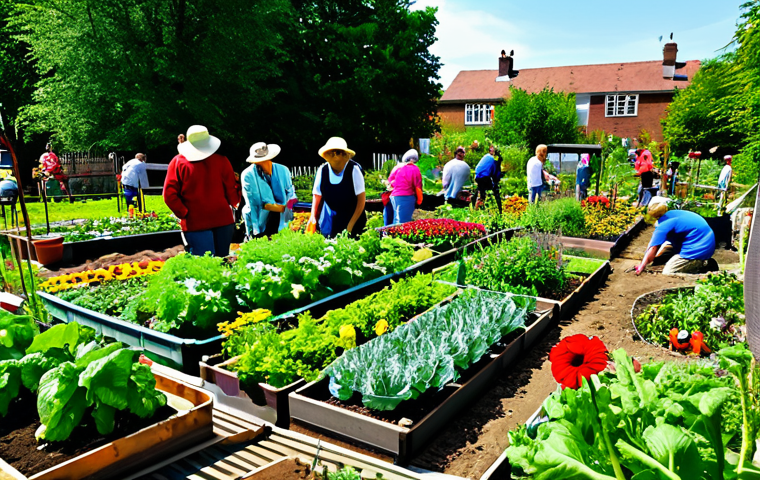 Thriving Community Garden**
A vibrant community garden overflowing with flowers and vegetables, people tending to plants, fully clothed, appropriate attire, safe for work, perfect anatomy, natural proportions, professional photography, bright and cheerful atmosphere, embodying the spirit of collaboration and shared growth, professional.
**