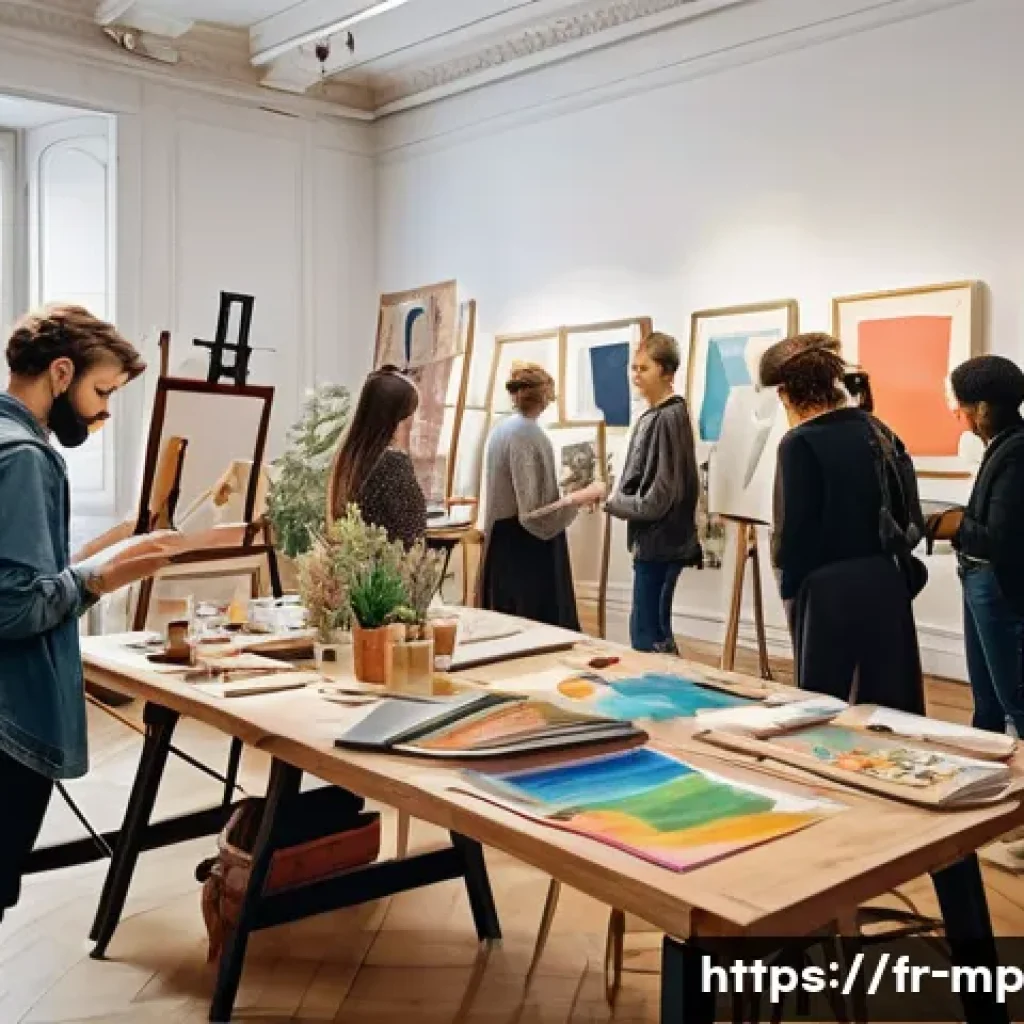 마이크로커뮤니티에서의 성과 관리 시스템 - A vibrant small artistic community workshop scene set in a cozy Parisian studio with diverse adult m...