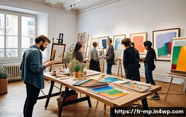 마이크로커뮤니티에서의 성과 관리 시스템 - A vibrant small artistic community workshop scene set in a cozy Parisian studio with diverse adult m...