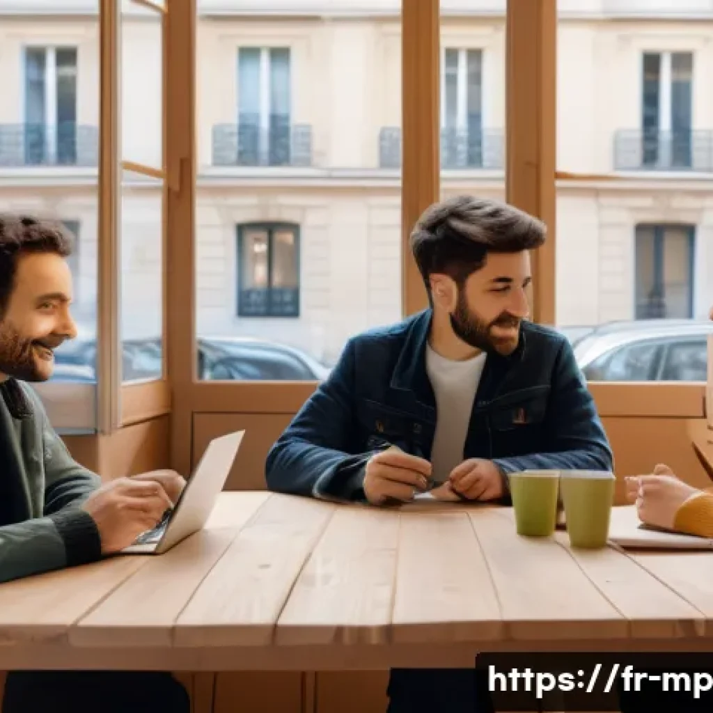 마이크로커뮤니티의 피드백 루프 활용하기 - ) A warm, photorealistic scene inside a Parisian co‑working café at mid‑morning: a mixed group of fi...