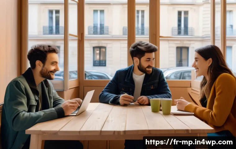 마이크로커뮤니티의 피드백 루프 활용하기 - ) A warm, photorealistic scene inside a Parisian co‑working café at mid‑morning: a mixed group of fi...