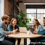 Home 22 마이크로커뮤니티의 디지털 마케팅 활용 - A cozy, modern micro-community meeting scene in a stylish urban coworking space, featuring a diverse...