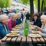 Home 23 마이크로커뮤니티 내 소통 방식 - A lively neighborhood gathering in a charming Parisian street during springtime, diverse group of ad...