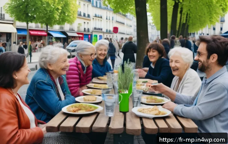 마이크로커뮤니티 내 소통 방식 - A lively neighborhood gathering in a charming Parisian street during springtime, diverse group of ad...